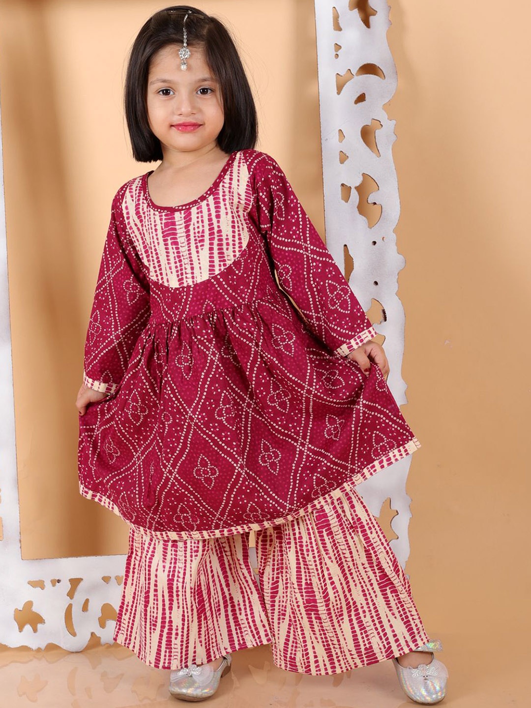 

BAESD Girls Bandhani Printed Empire Pure Cotton Kurti with Sharara, Magenta