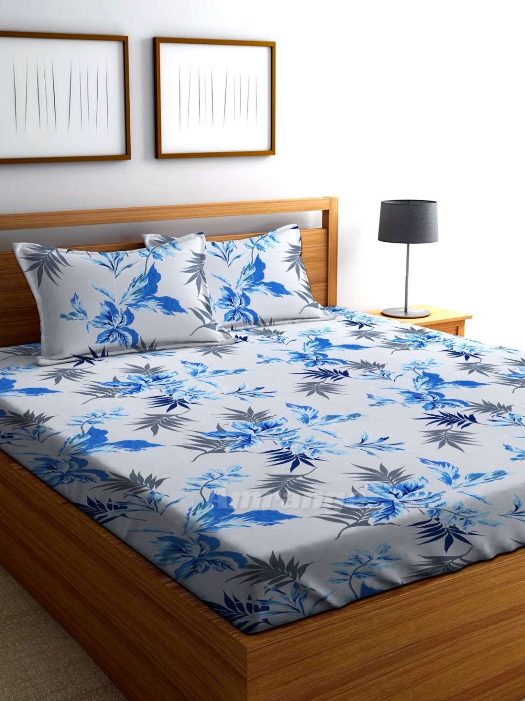 

AMRANGE White & Blue Floral 250 TC King Bedsheet With 2 Pillow Covers