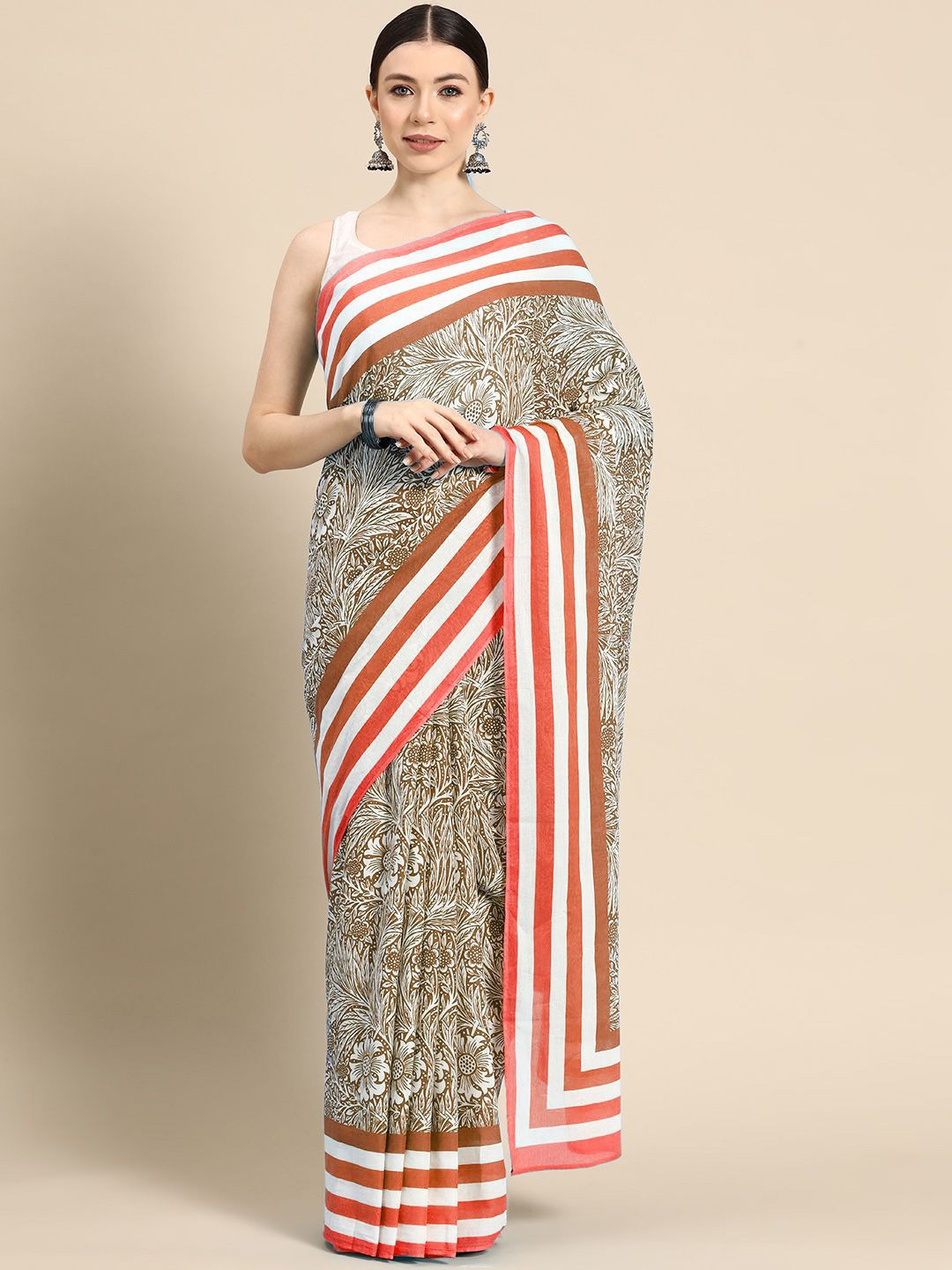 

BUTA BUTI Floral Pure Cotton Saree, Rust