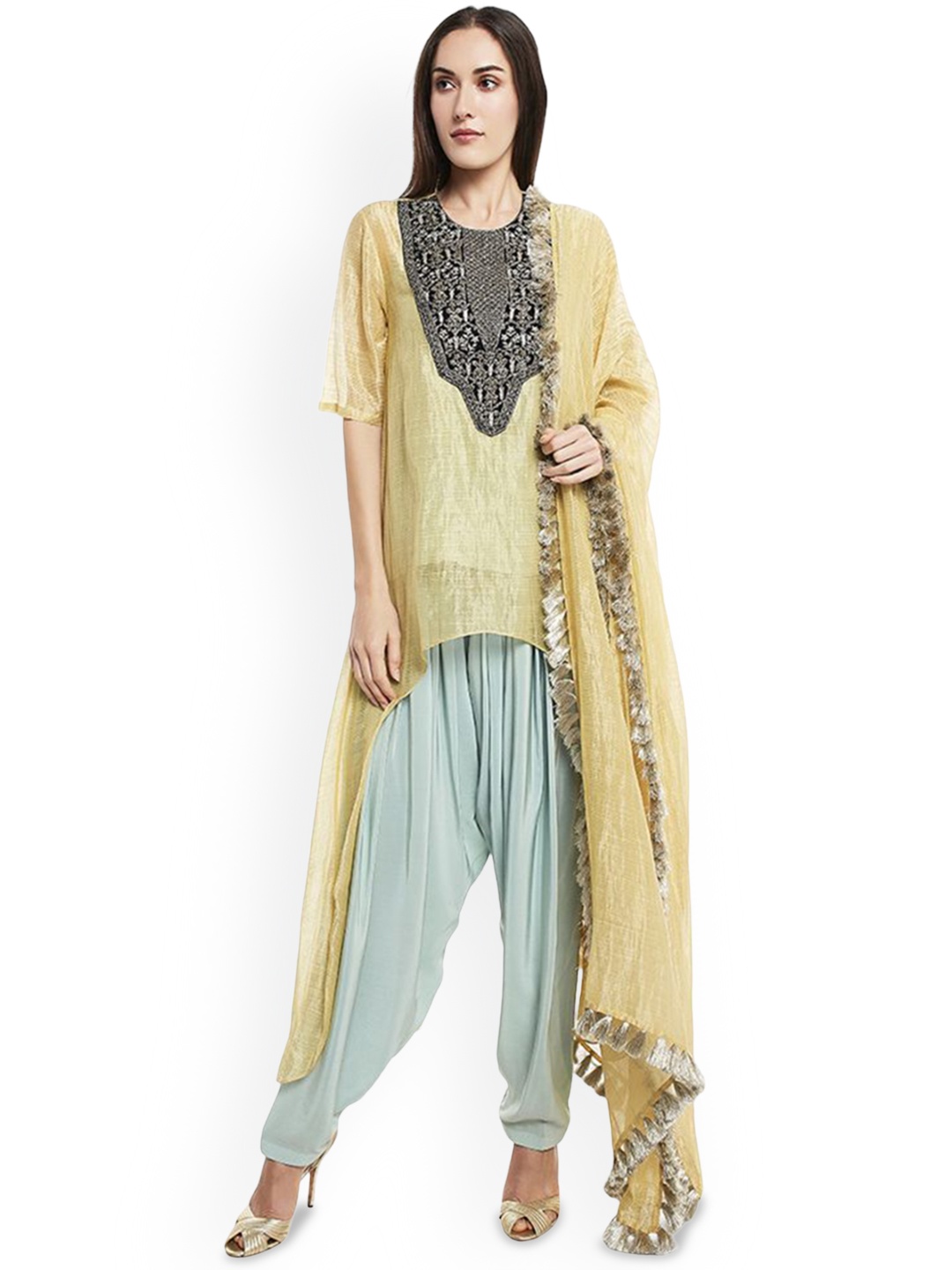 

Payal Singhal Stripe Self Design Asymmetric Chanderi Silk Kurta With Dhoti Pants & Dupatta, Yellow