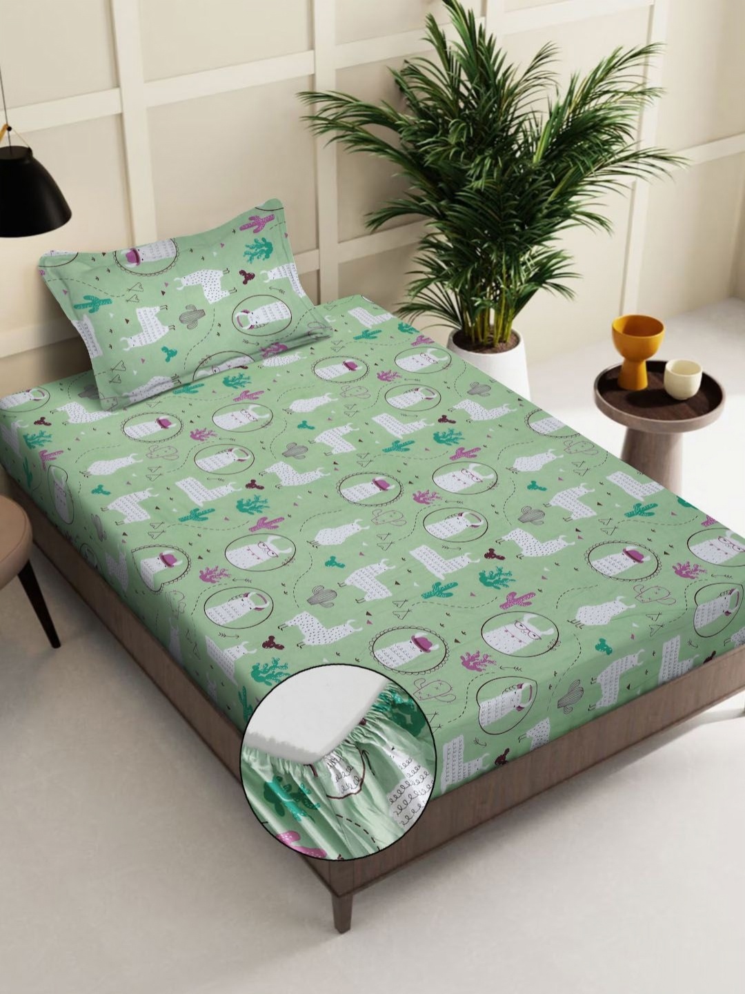 

KLOTTHE Green Printed 400 TC Pure Cotton Fitted Single Bedsheet With 1 Pillow Covers