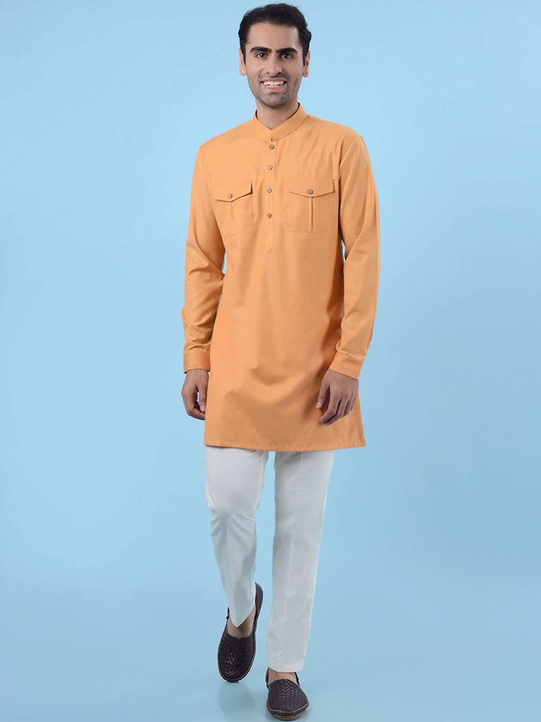 

azania Striped Self Design Mandarin Collar Pathani Kurta with Trousers, Orange