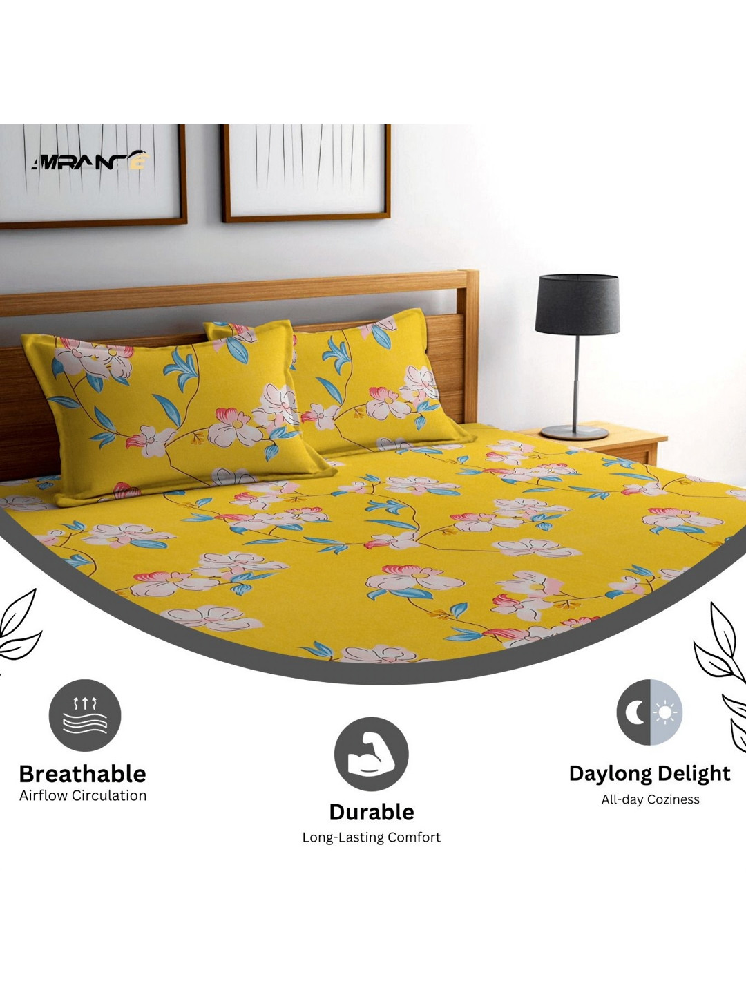

AMRANGE Yellow & White Floral 250 TC King Bedsheet With 2 Pillow Covers
