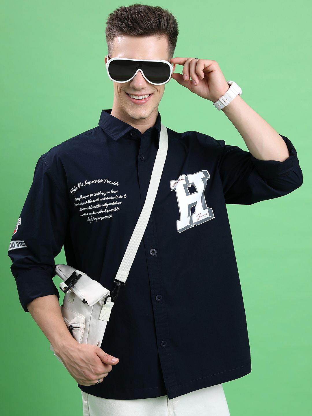 

HIGHLANDER Men Opaque Printed Casual Shirt, Navy blue