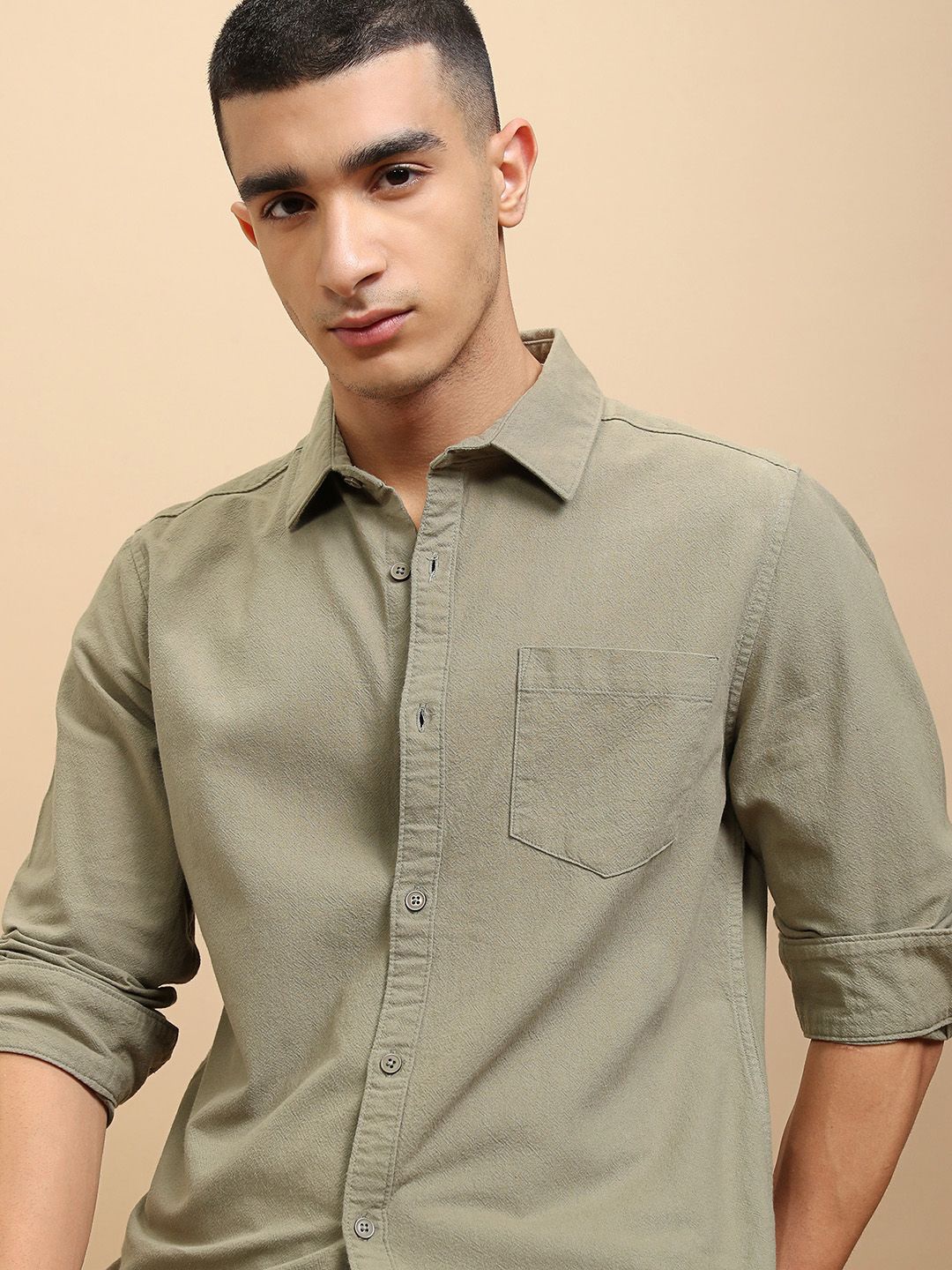 

Highlander Men Olive Dobby Textured Solid Casual Regular Fit Shirt