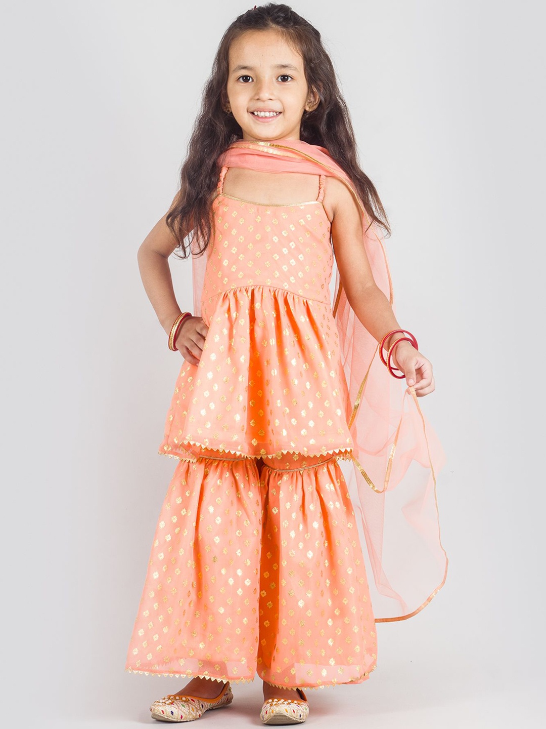 

Tangerine Closet Girls Printed Shoulder Straps Peplum Top With Sharara & Dupatta, Peach