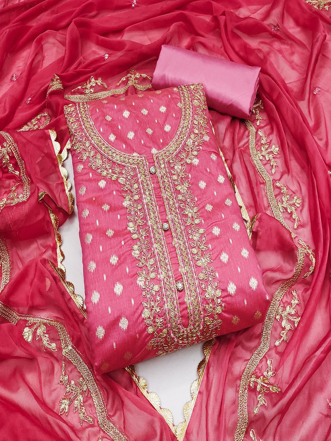 

Lilots Raw Silk Unstitched Dress Material, Pink