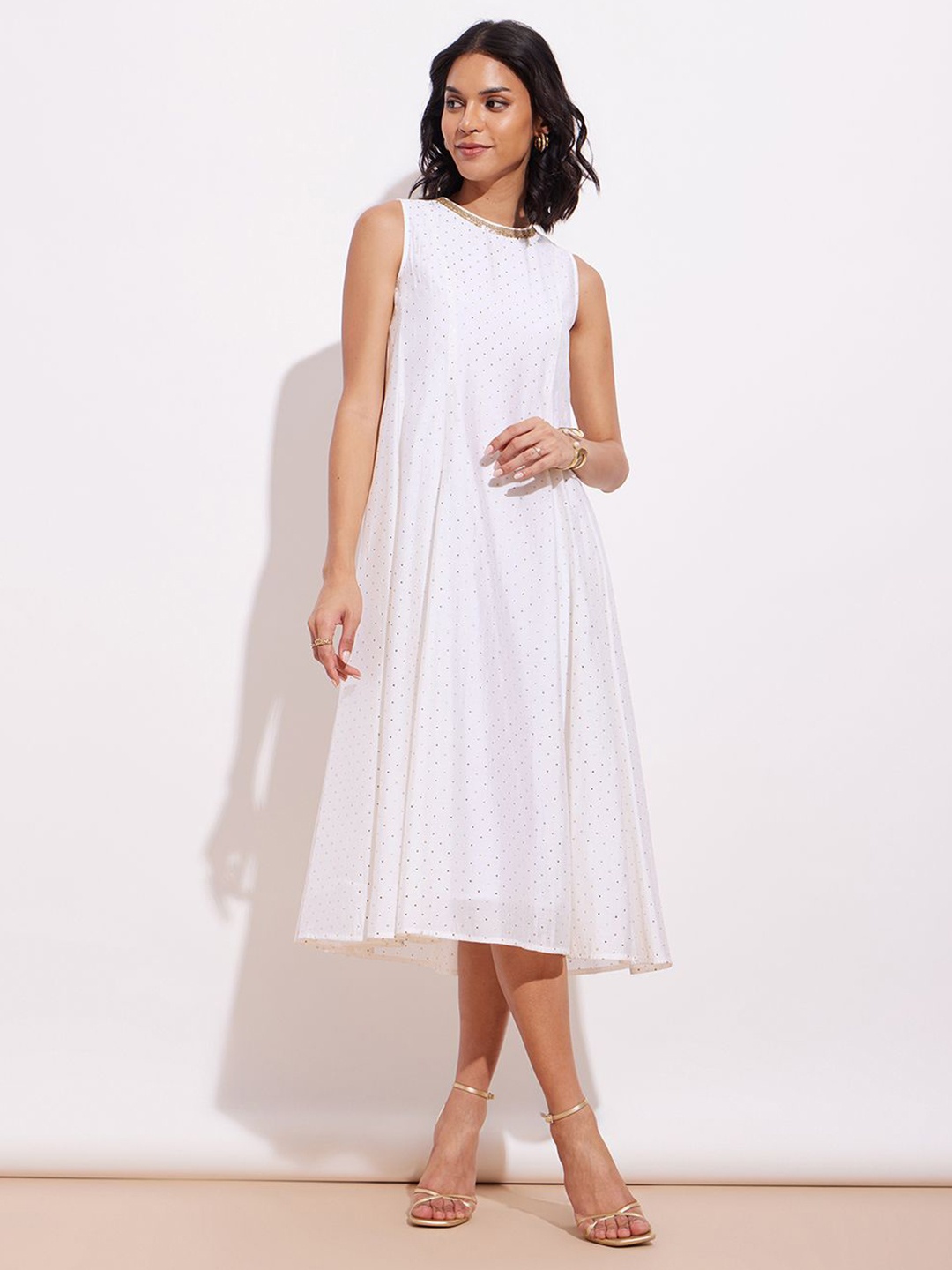 

Pink Fort Polka Dots Printed A-Line Midi Dress, White