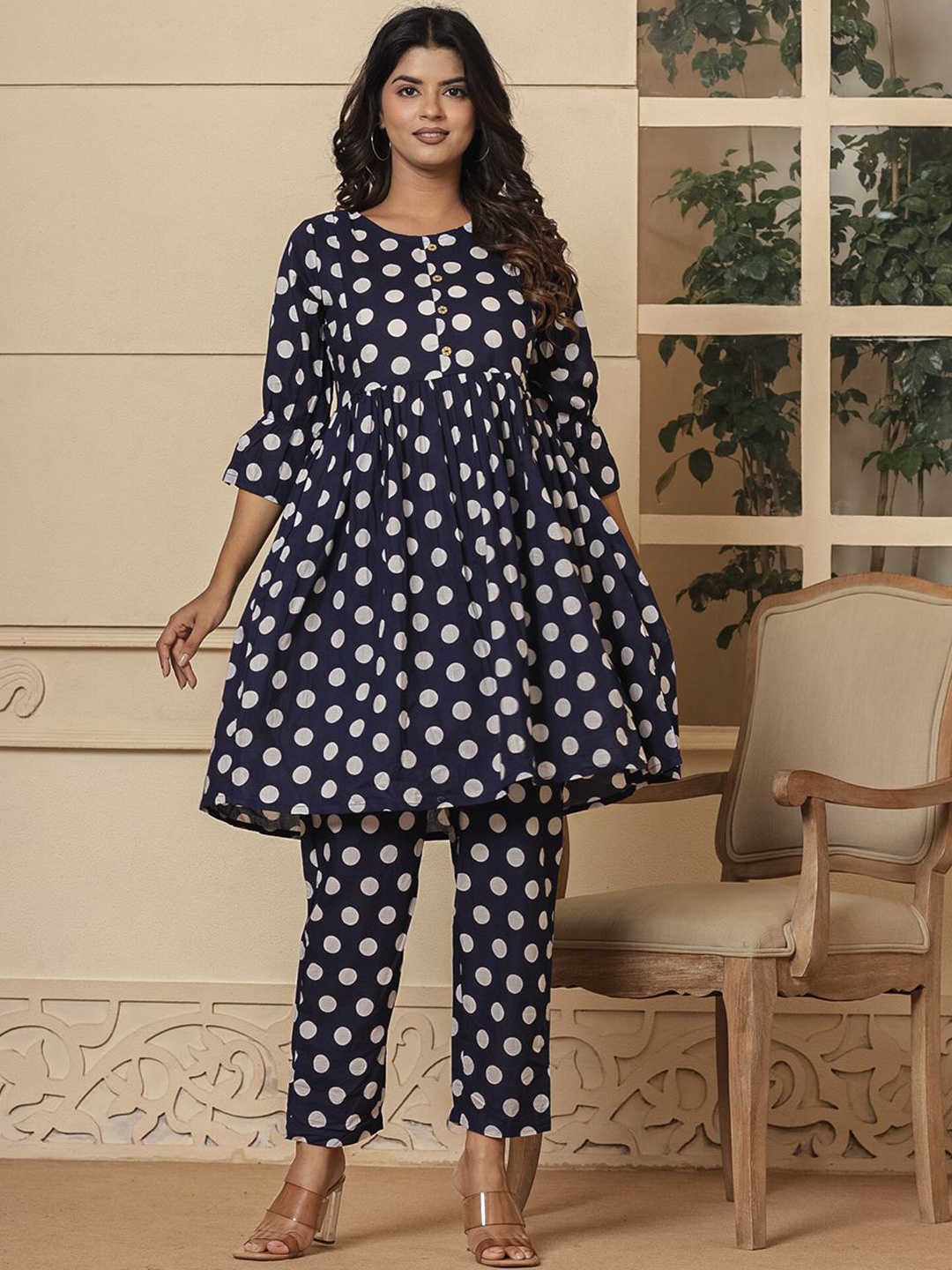 

Yufta Women Cotton Polka Dot Print Maternity Kurta Pants Set, Blue