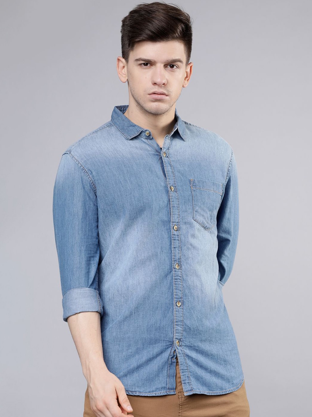 

HIGHLANDER Men Slim Fit Faded Opaque Faded Casual Shirt, Blue