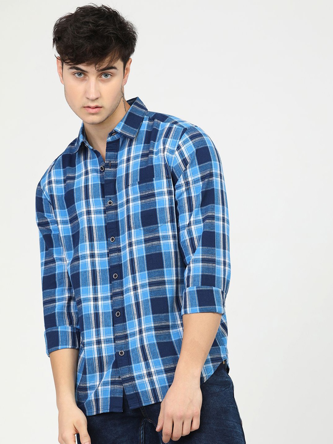 

HIGHLANDER Men Slim Fit Tartan Checks Opaque Checked Casual Shirt, Blue