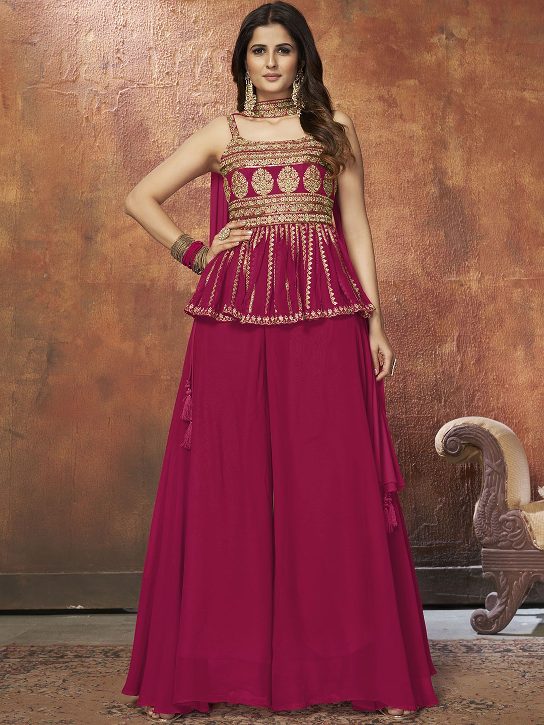 

Fusionic Floral Embroidered A-Line Zari Kurti with Palazzos & Dupatta, Pink