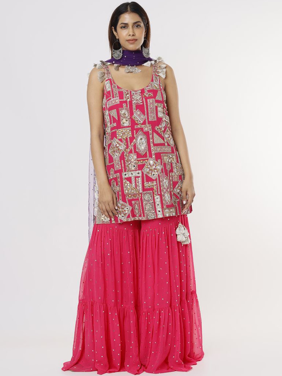 

Payal Singhal Ethnic Motifs Embroidered Thread Work Kurti with Sharara & Dupatta, Pink