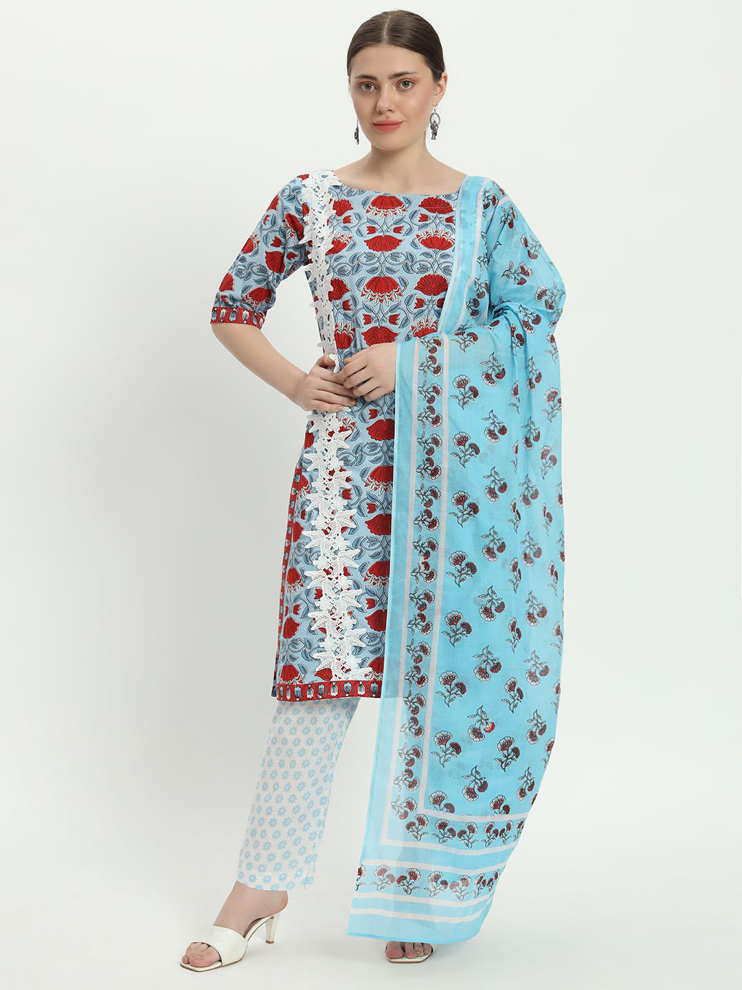 

FABNEST Floral Printed Straight Pure Cotton Kurta with Trousers & Dupatta, Blue