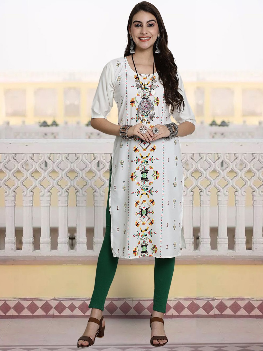 

7Threads Geometric Printed Round Neck Straight Kurta, White