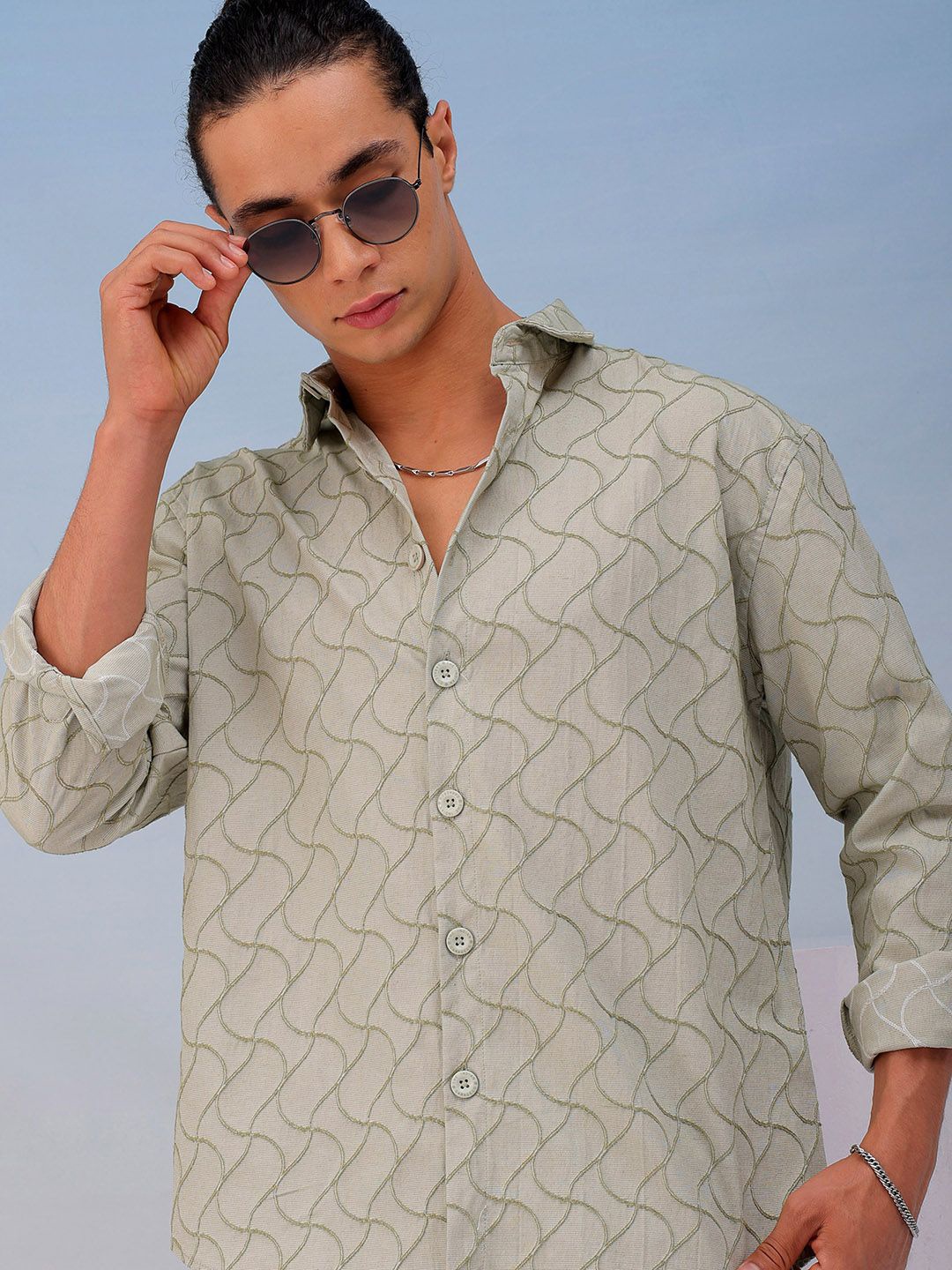 

The Indian Garage Co Men Relaxed Fit Dobby Textured Resortwear Shirt, Green