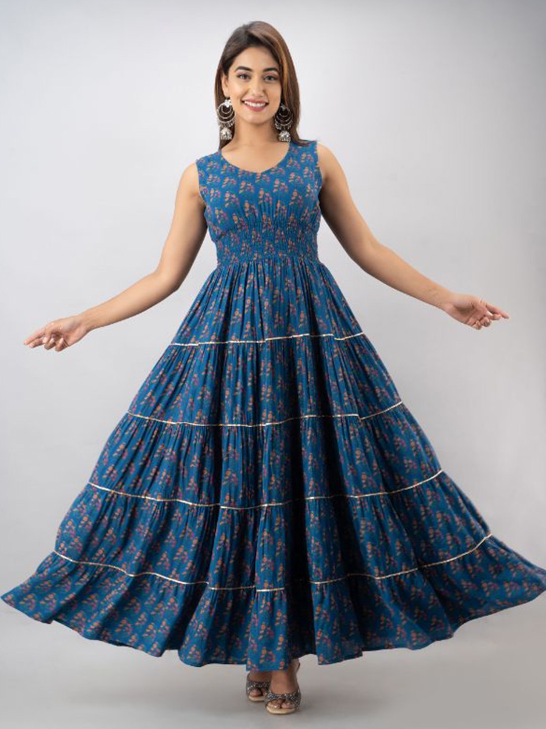 

KALINI Floral Printed Fit & Flared Maxi Ethnic Dress, Blue