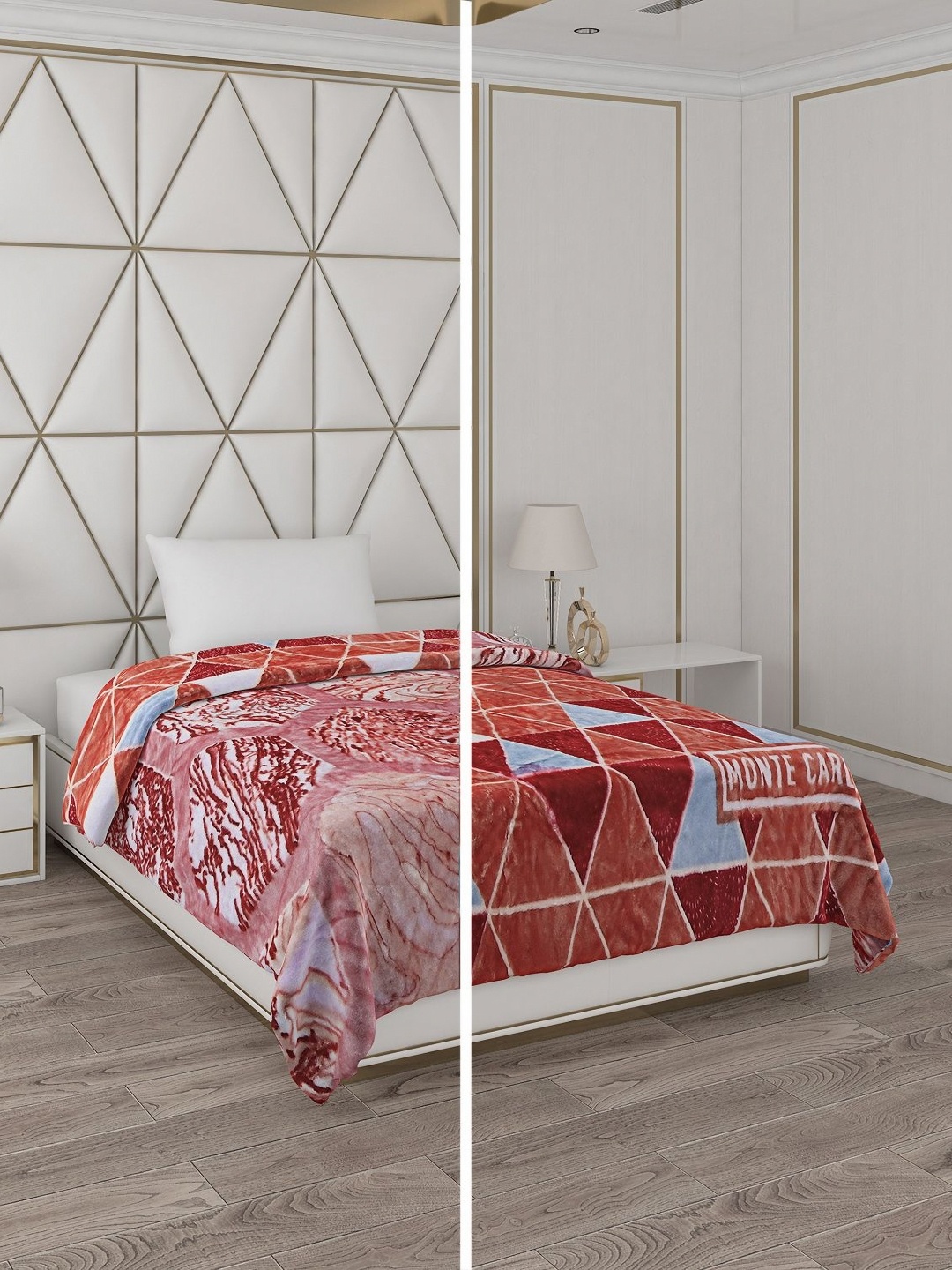 

Monte Carlo White & Orange Geometric Mild Winter 500 GSM Single Bed Blanket
