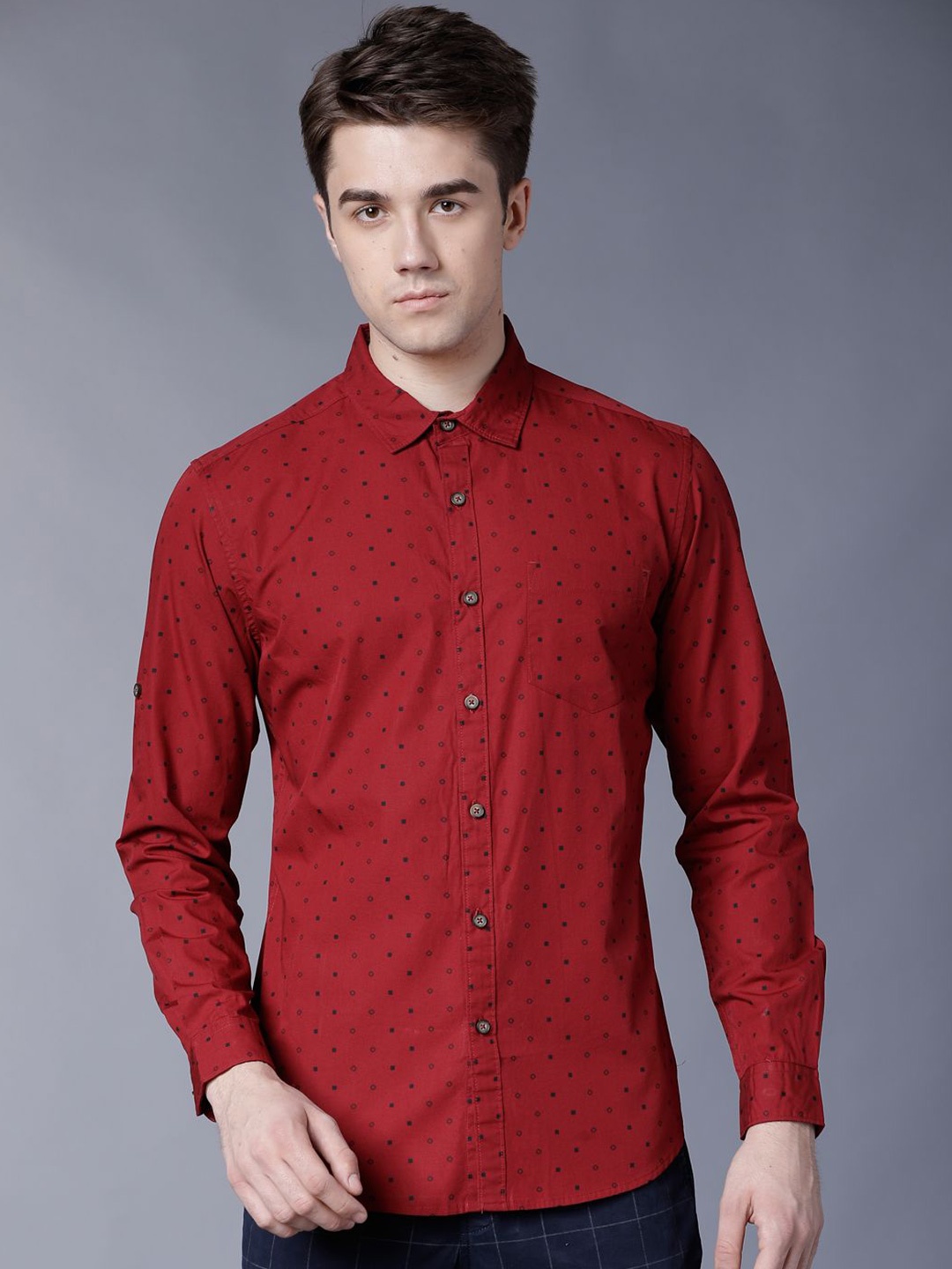 

HIGHLANDER Men Slim Fit Opaque Printed Casual Shirt, Red
