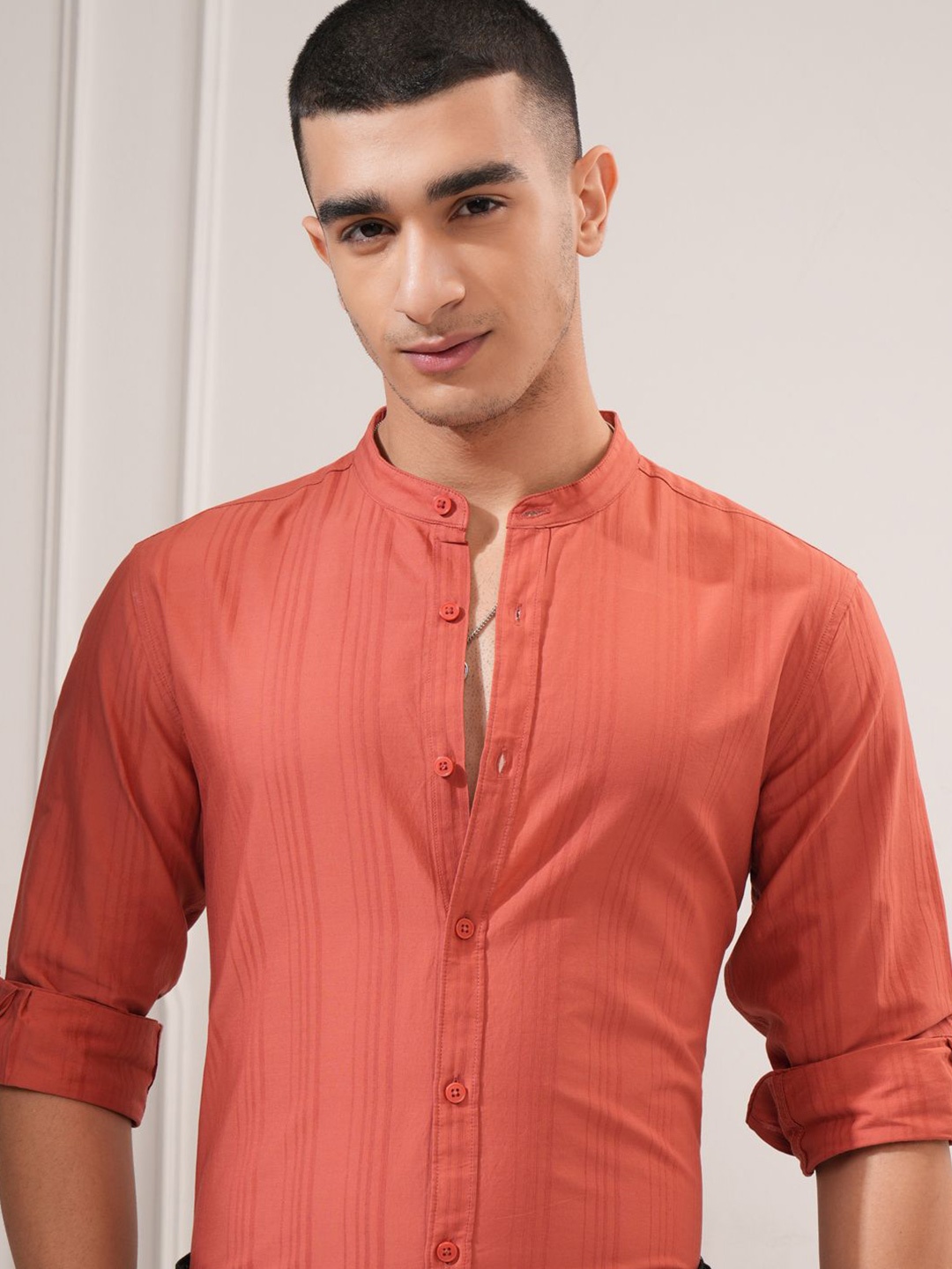 

Highlander Men Pale Dobby Textured Solid Mandarin Collar Casual Regular Fit Shirt, Red