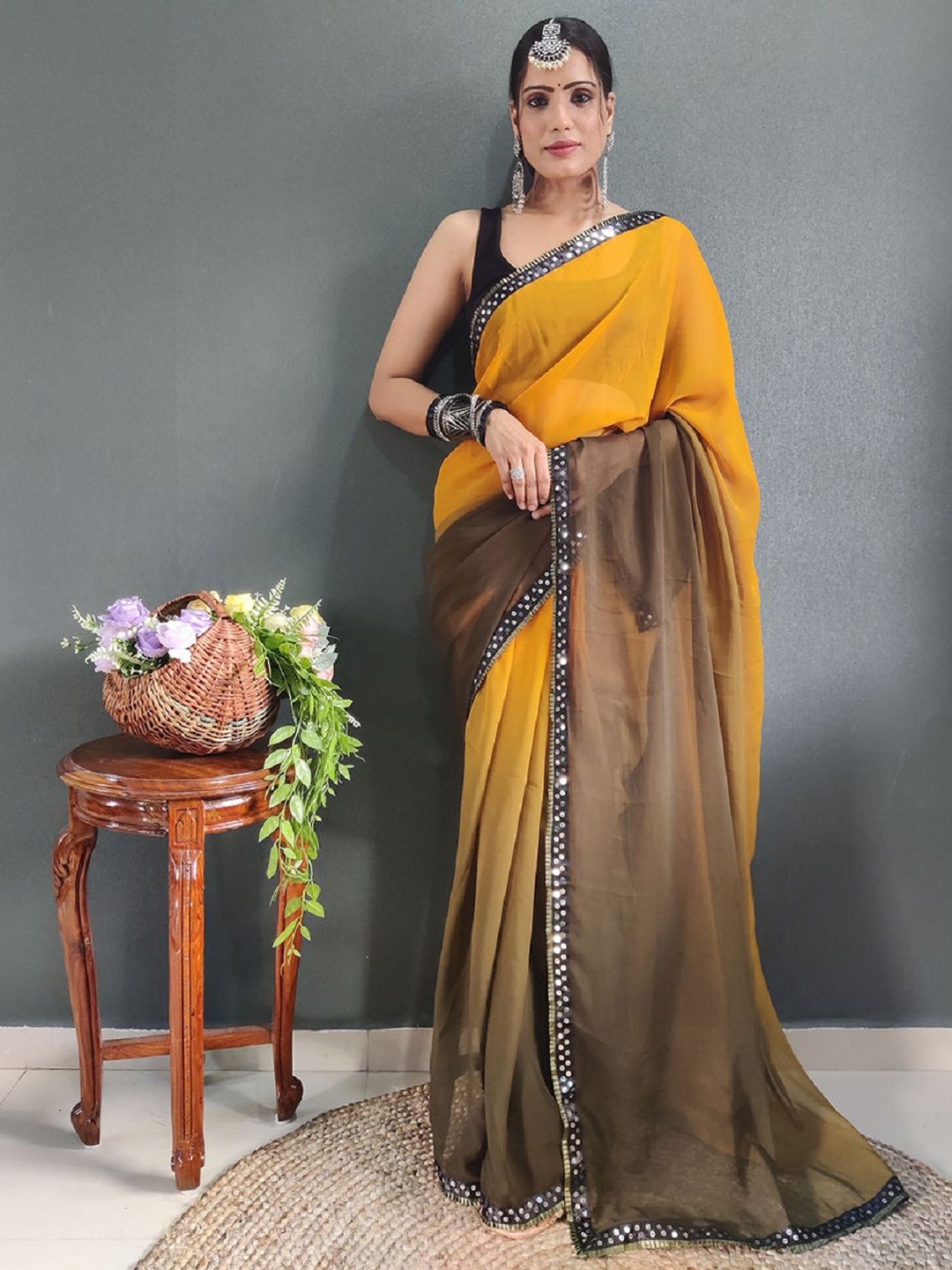 

APNISHA Ombre Sequinned Pure Georgette Ready to Wear Saree, Olive