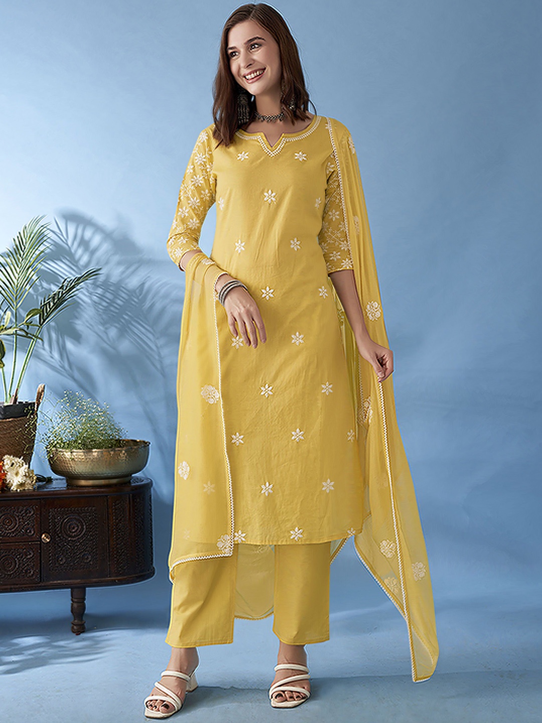 

Anouk Floral Embroidered Thread Work Pure Cotton Straight Kurta With Trousers & Dupatta, Mustard