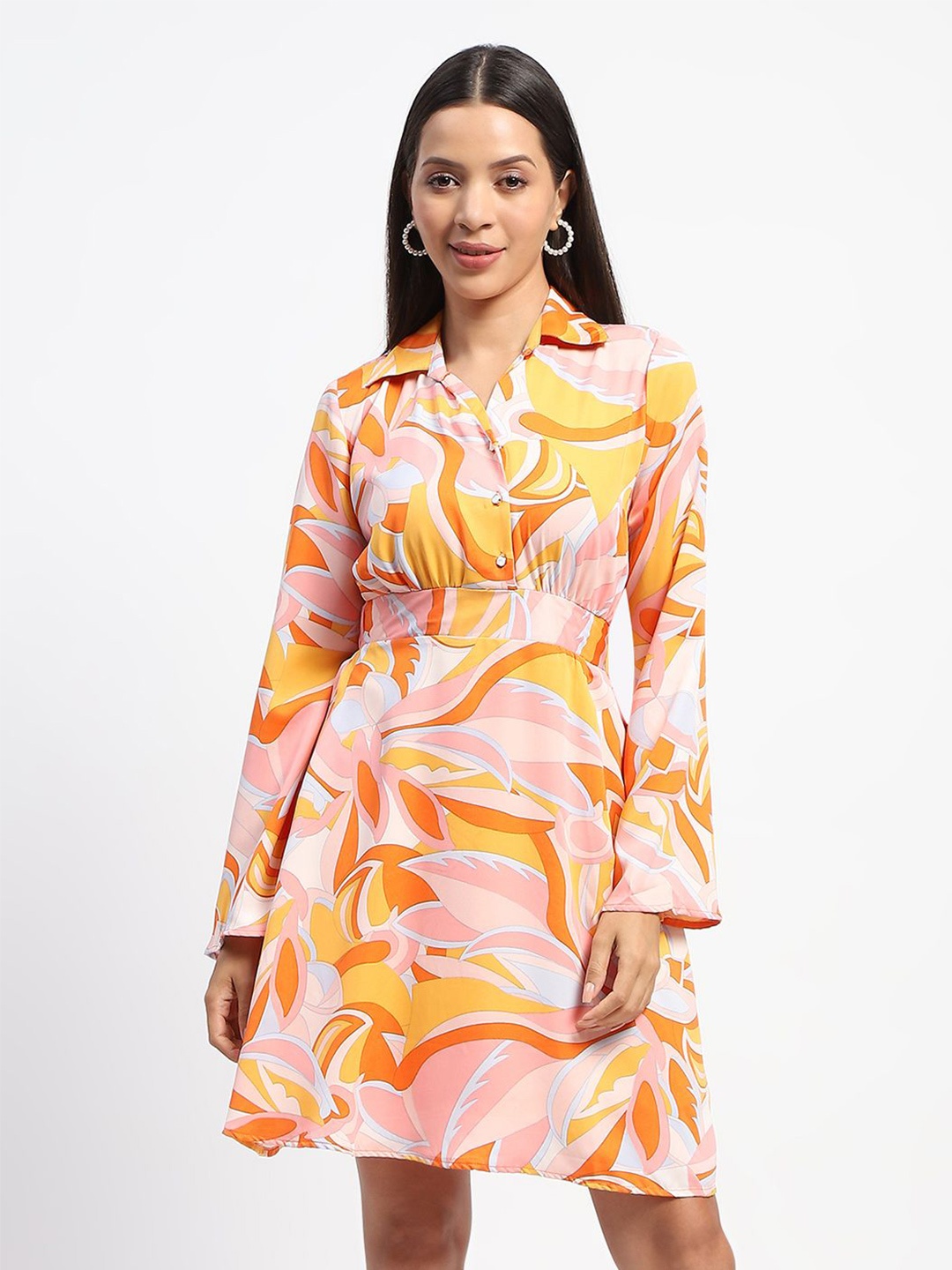 

Madame Women Printed Fit & Flare Dress, Orange