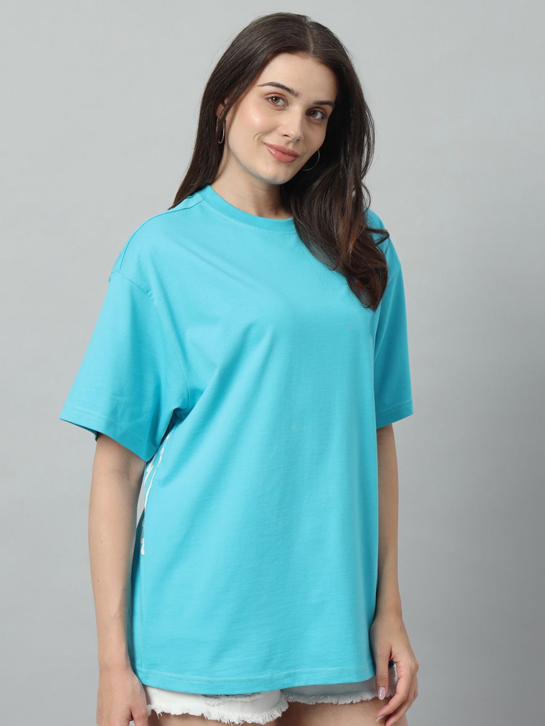 

SWAGNOX Women Solid Round Neck Cotton Oversized T-Shirt, Turquoise blue