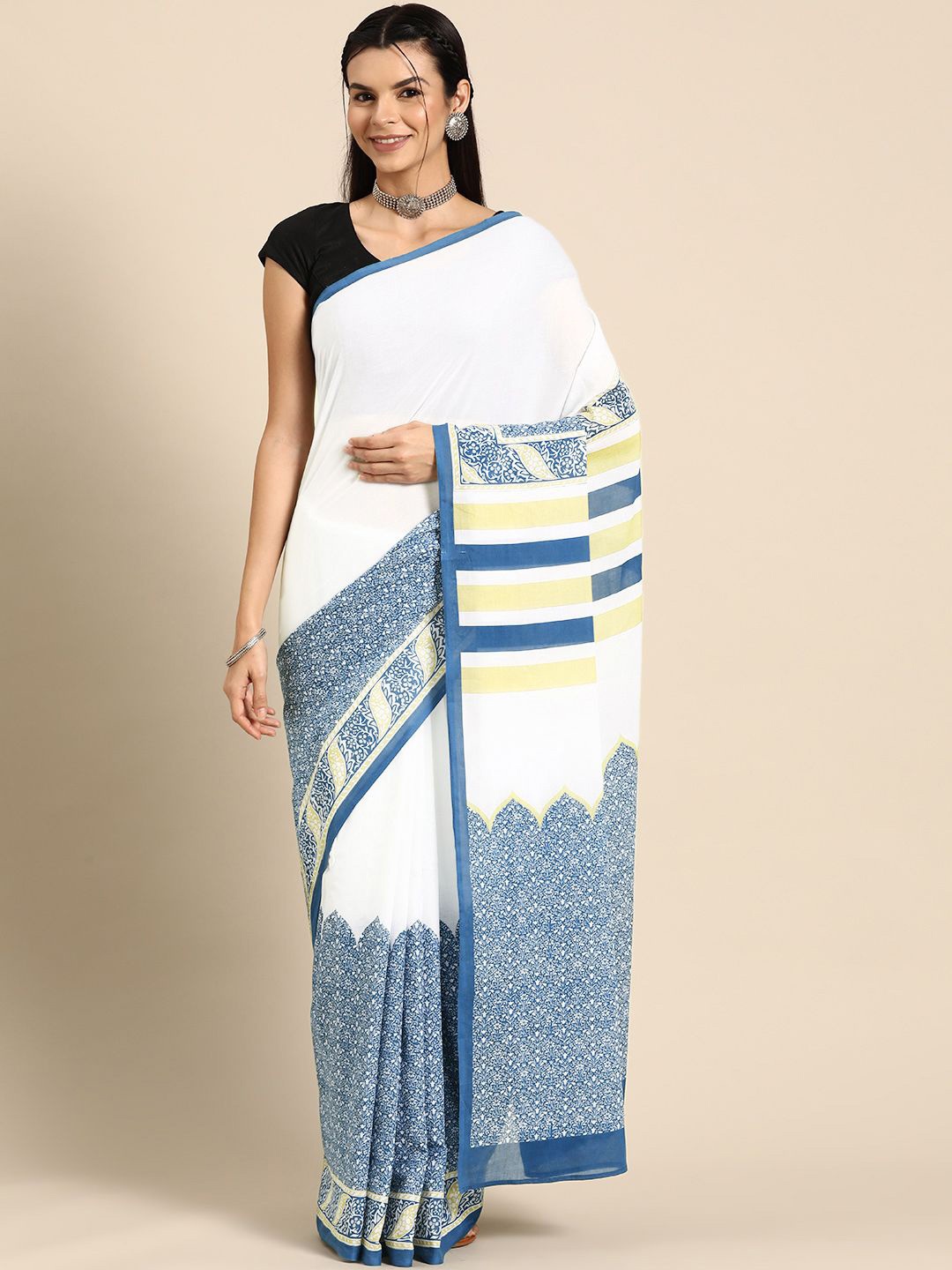 

BUTA BUTI Floral Pure Cotton Saree, Blue