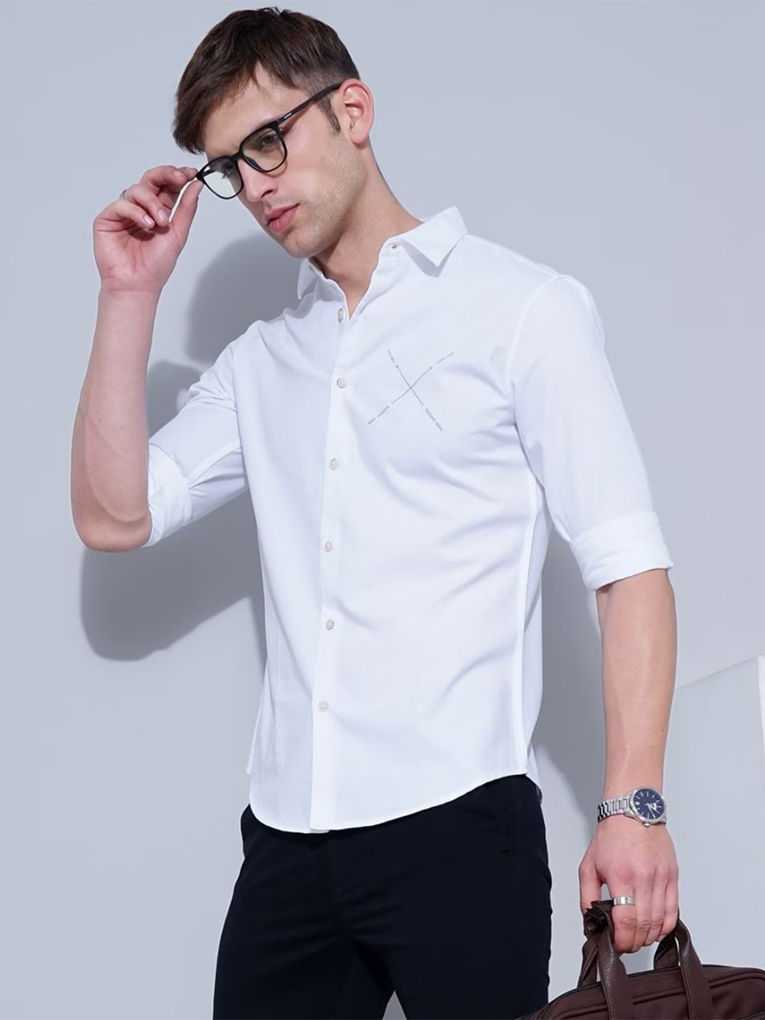 

British Club Men Smart Spread Collar Solid Cotton Slim Fit Casual Shirt, White