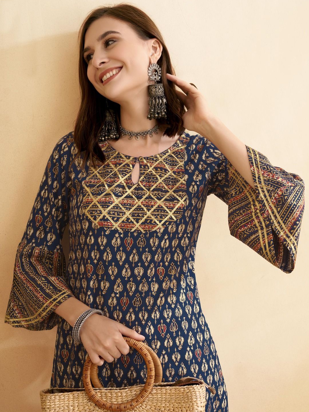 

Anouk Women Ethnic Motifs Printed Keyhole Neck Flared Sleeves Sequinned Kurta, Blue