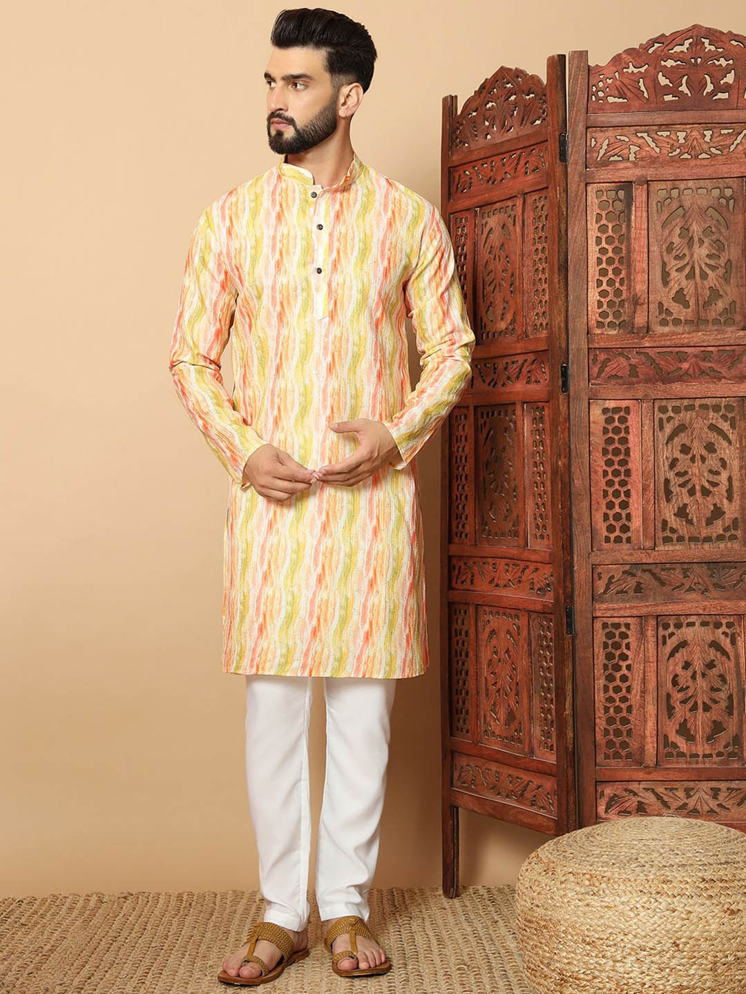 

FoxDX Abstract Printed Mandarin Collar Pure Cotton Straight Kurta, Yellow