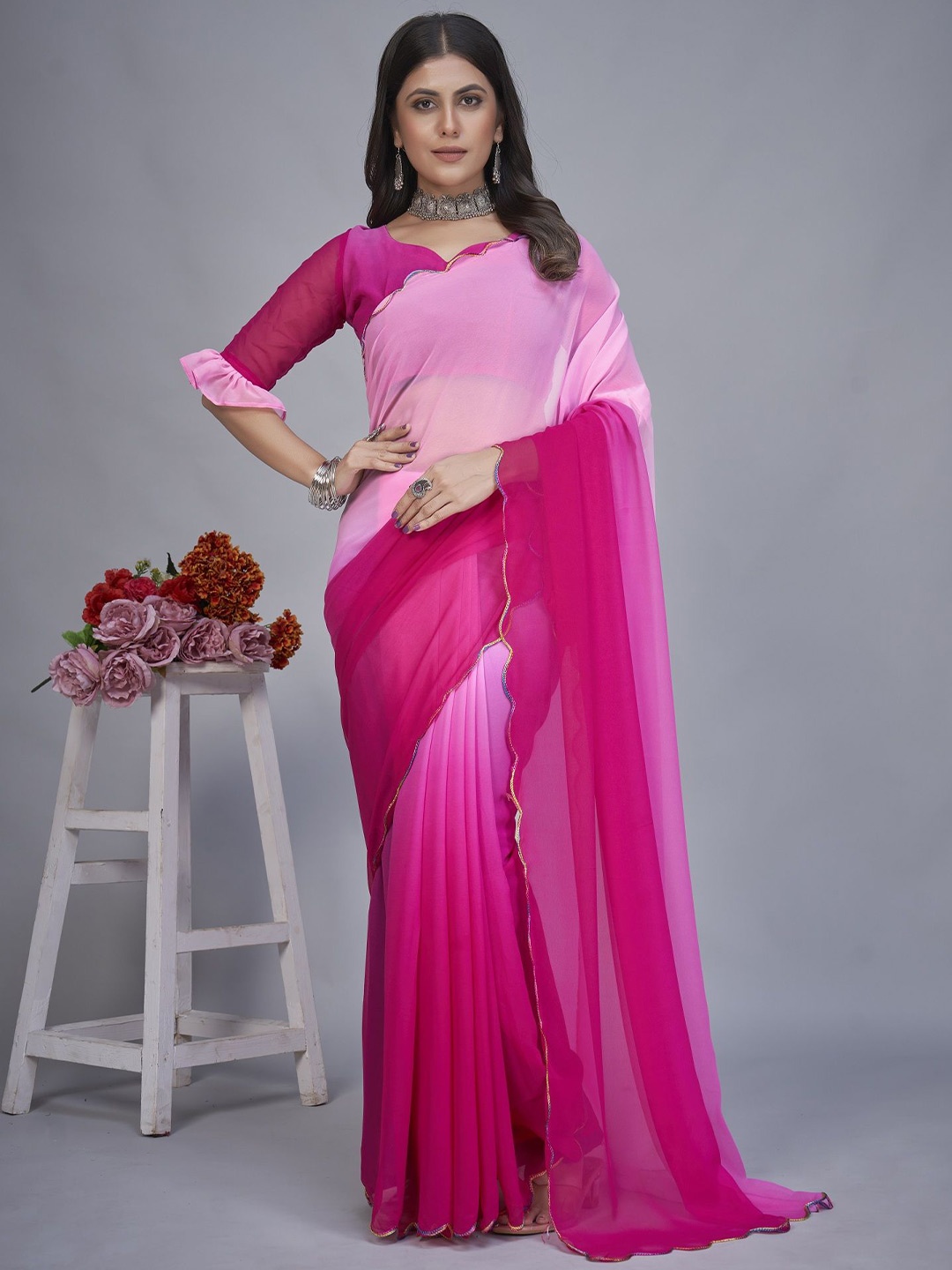 

JULEE Ombre Embroidered Pure Georgette Half and Half Saree, Pink