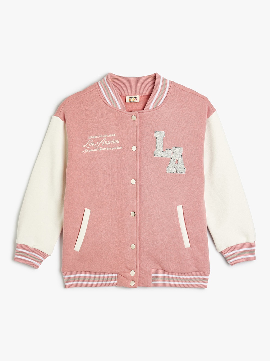 

Koton Girls Mandarin Collar Varsity Jacket, Pink