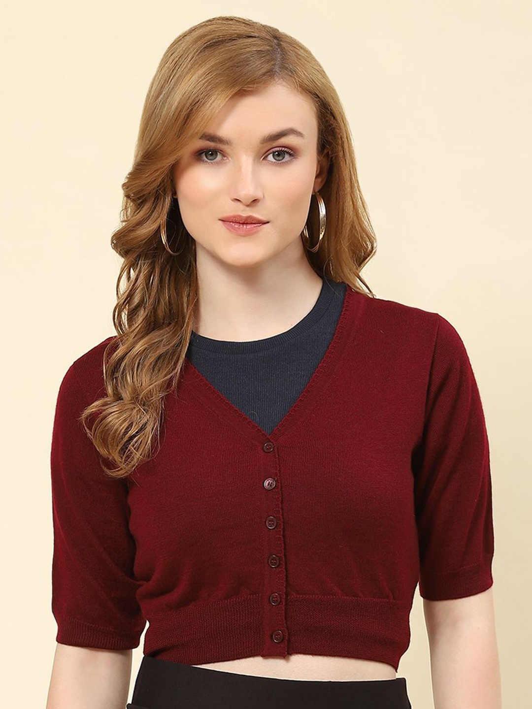 

Monte Carlo Women Woollen Crop Cardigan, Maroon