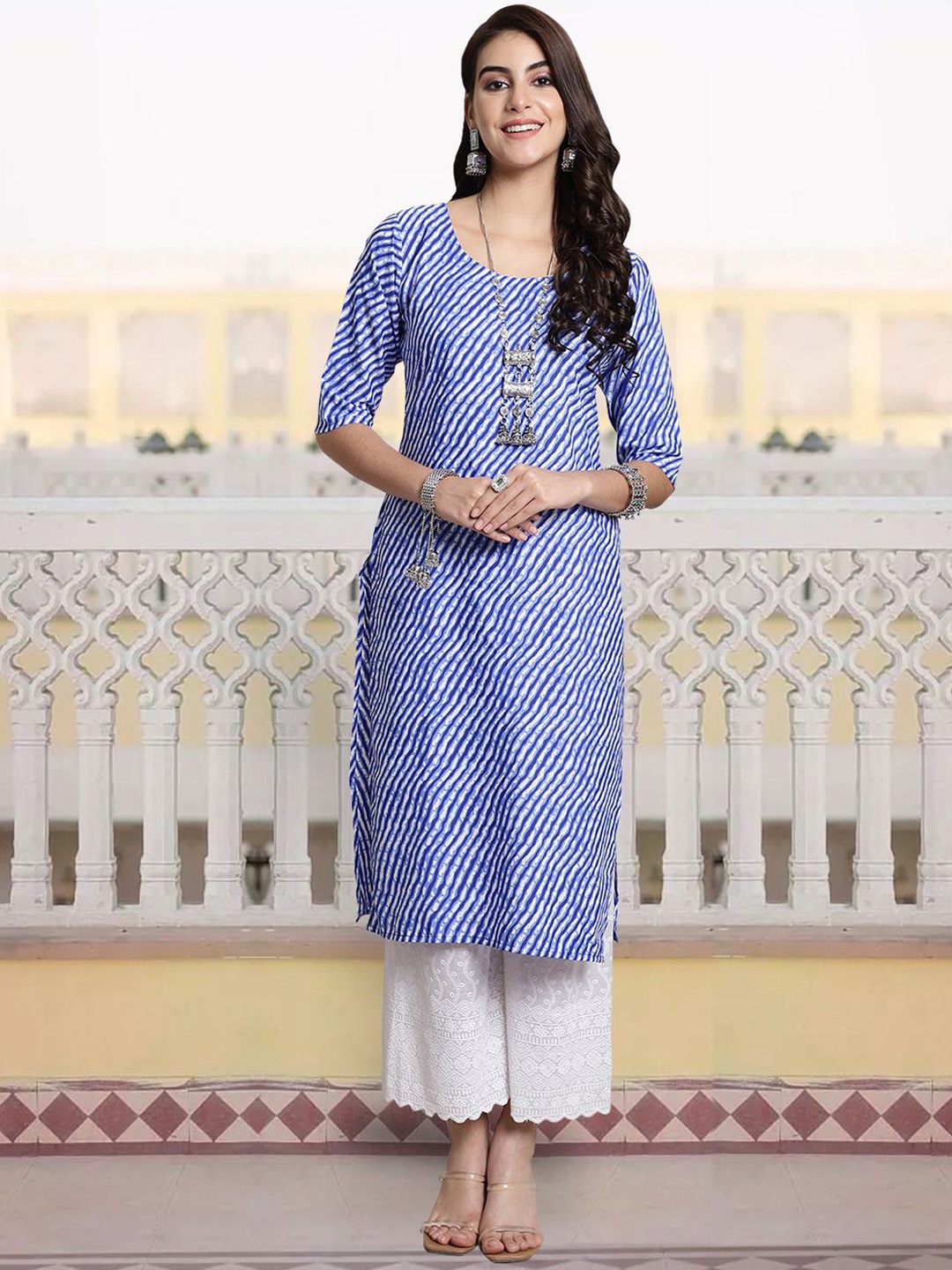 

KALINI Striped Round Neck Straight Kurta, Blue