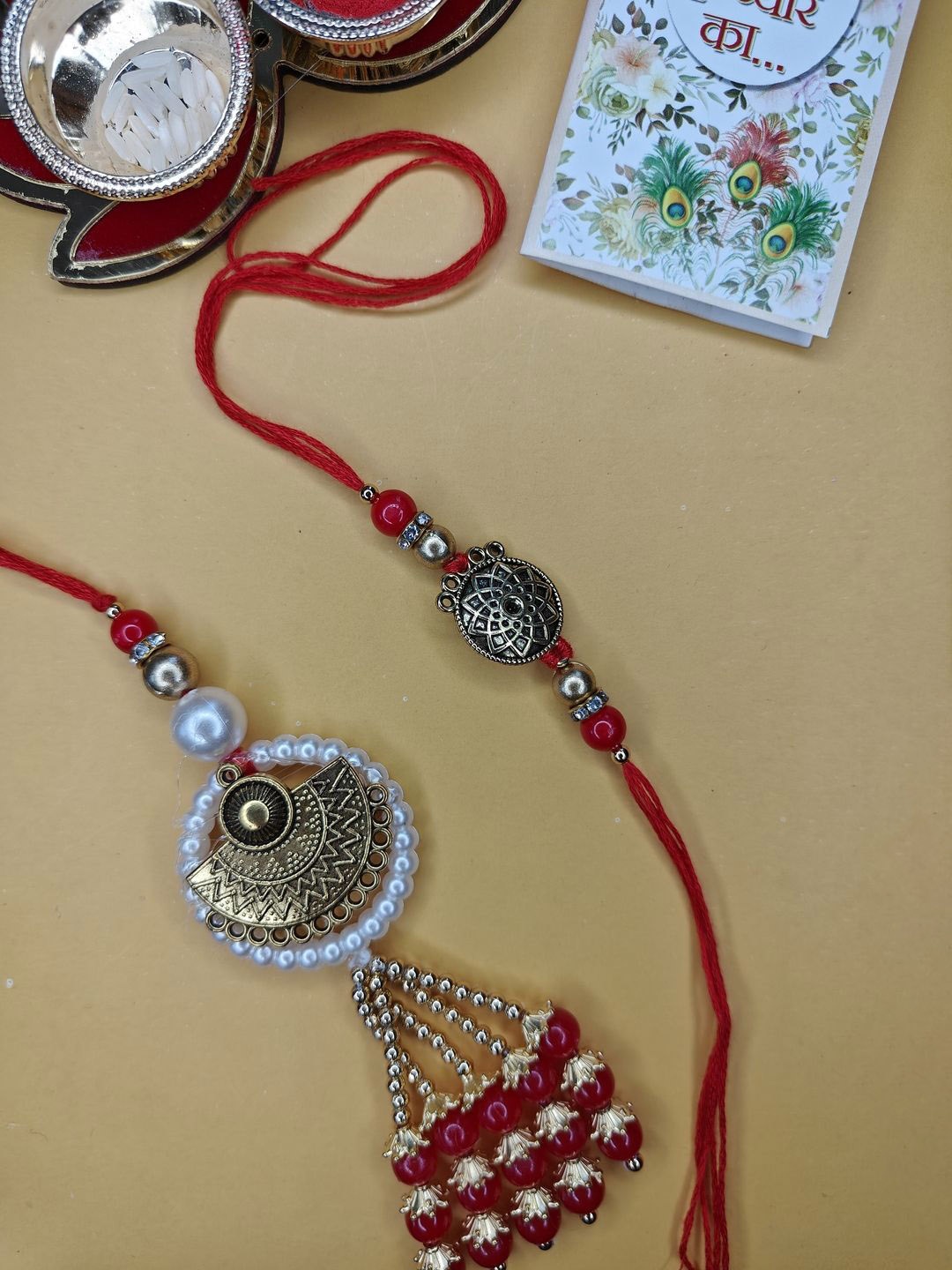 

NVR Beaded Bhaiya Bhabhi Rakhis with Roli Chawal, Red