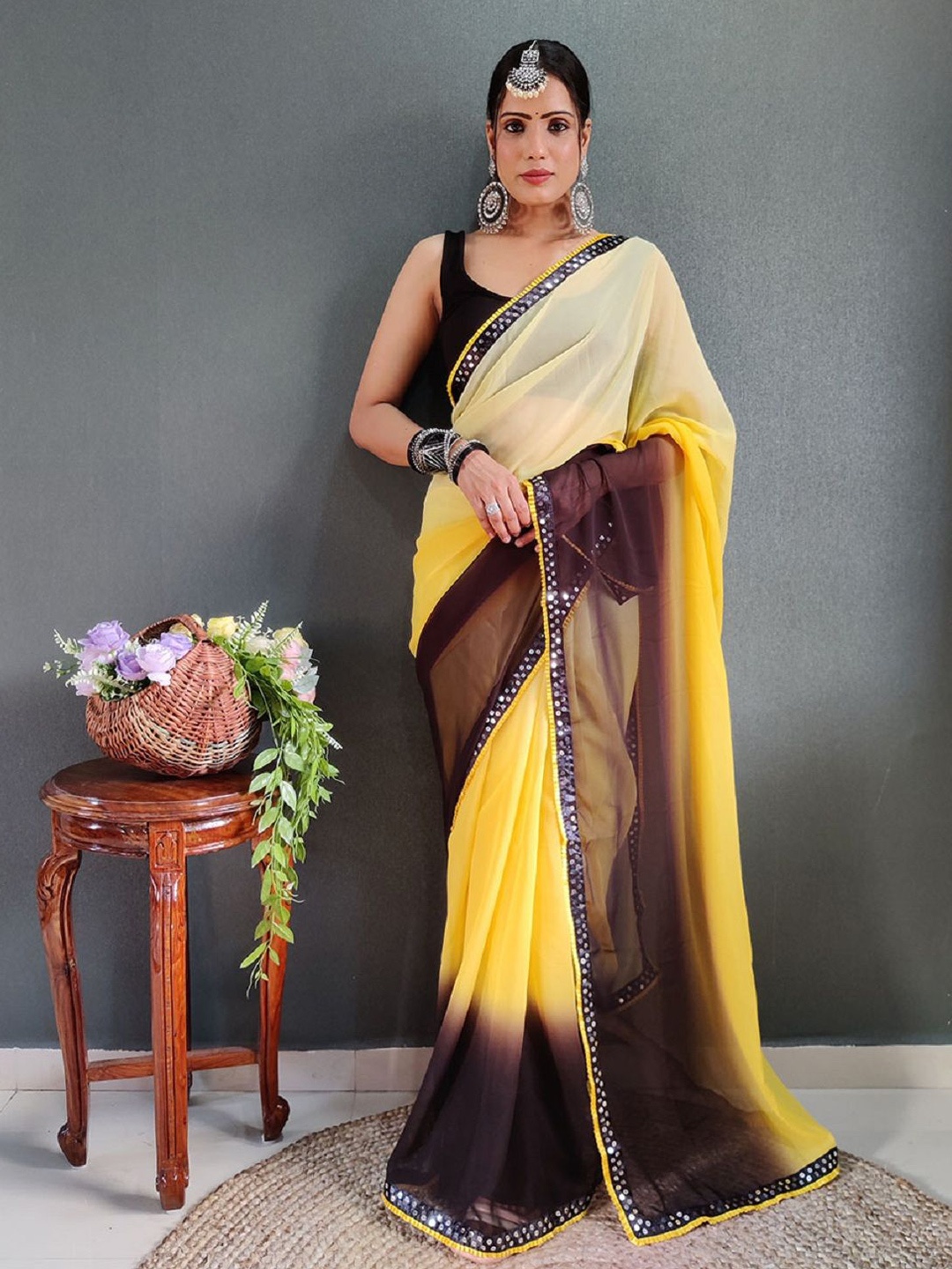 

APNISHA Ombre Sequinned Pure Georgette Ready to Wear Saree, Yellow