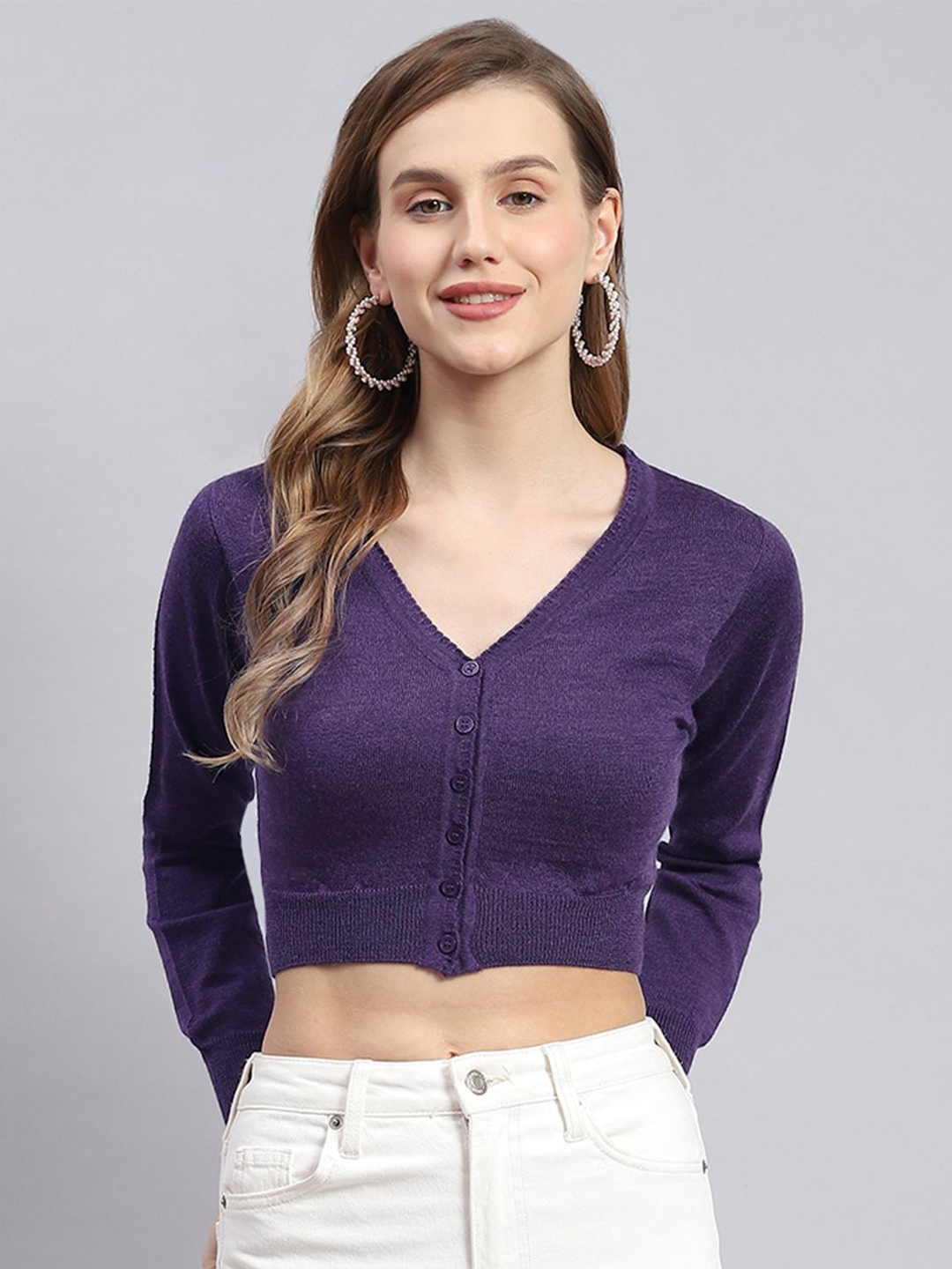 

Monte Carlo Women Woollen Crop Cardigan, Purple