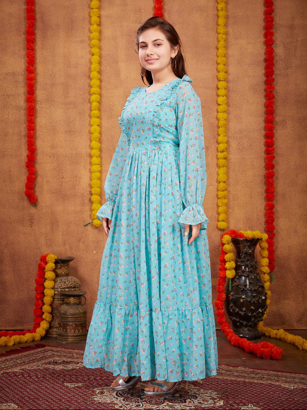 

BAESD Floral Printed Cuffed Sleeves Georgette Maxi Dress, Turquoise blue