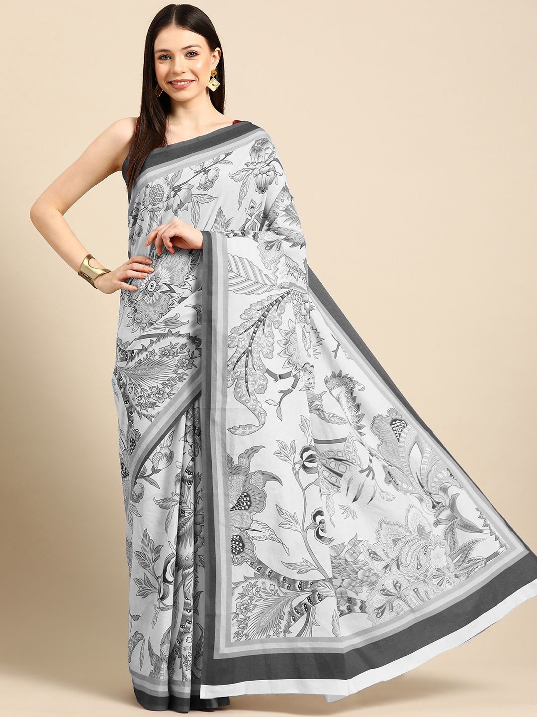 

BUTA BUTI Floral Pure Cotton Saree, Grey