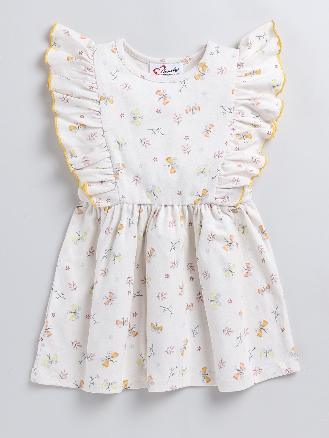 

M'andy Floral Print Flutter Sleeve Fit & Flare Dress, White