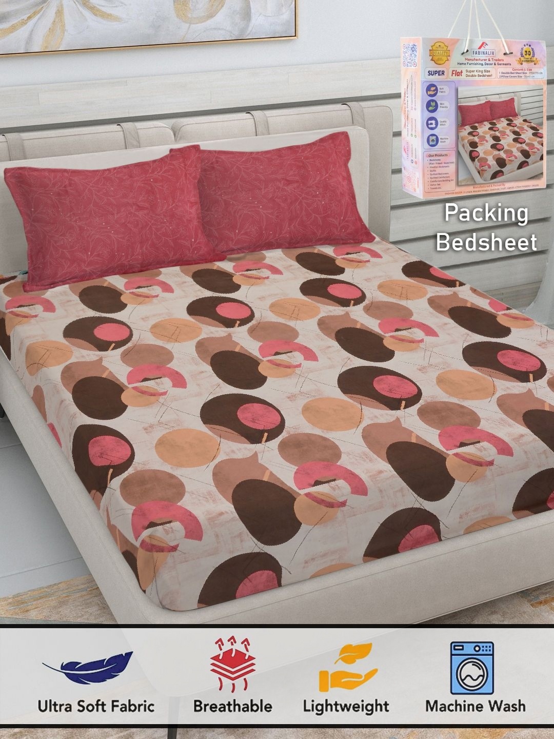 

FABINALIV White & Pink Geometric 300 TC King Bedsheet with 2 Pillow Covers