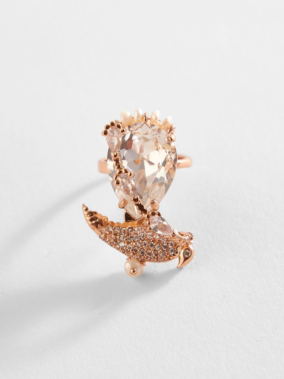 

Outhouse Rose Gold-Plated Cubic Zirconia Studded Adjustable Finger Ring