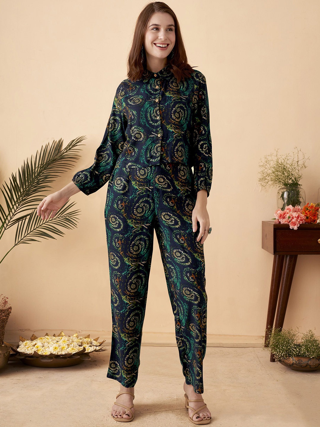 

Anouk Abstract Printed Shirt & Trouser, Navy blue