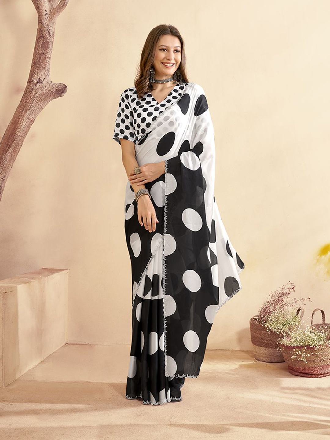 

Anouk Polka Dot Beads and Stones Satin Saree, Black