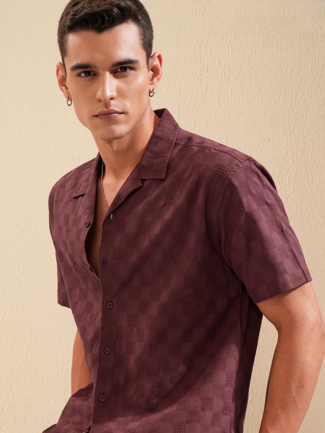 

Highlander Men Dobby Textured Solid Cuban Collar Relaxed Shirt, Maroon