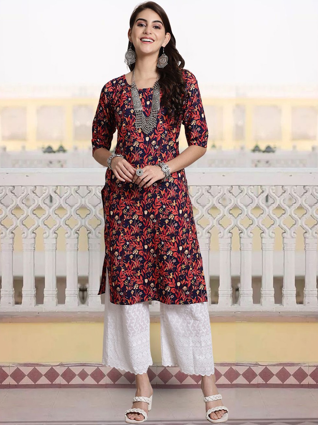 

7Threads Ethnic Motifs Printed Straight Kurta, Blue