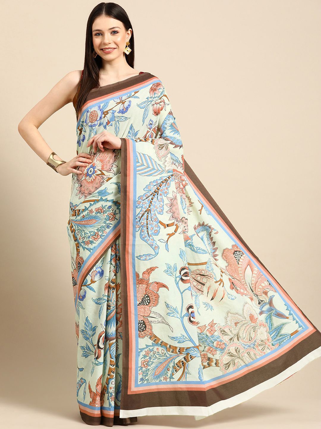 

BUTA BUTI Floral Pure Cotton Saree, Green