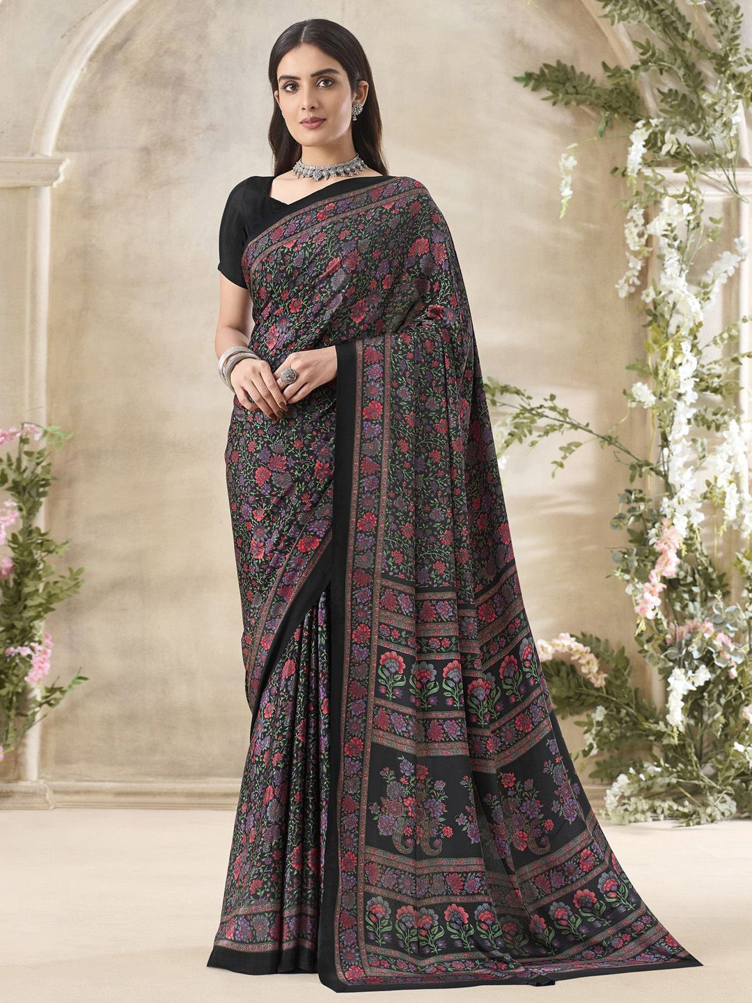 

Mitera Ethnic Motifs Poly Crepe Saree, Black